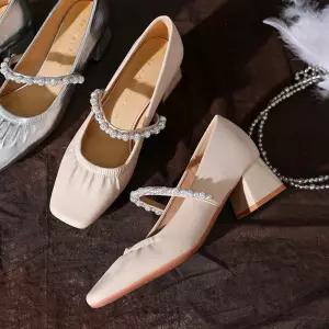 슬송렉샵 가을 여성 키작녀 스트랩힐 양가죽 에디션 연가죽 주름 사각머리 슈즈 통굽 단화 진주 체인 일자 벨트 꾹3