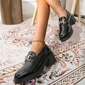 천진반 여자 둥근코 힐 봄가을 통굽 스틸레토 로퍼 신발 빅사이즈 하이 단화 플랫 슈즈 데일리룩 힐펌프스