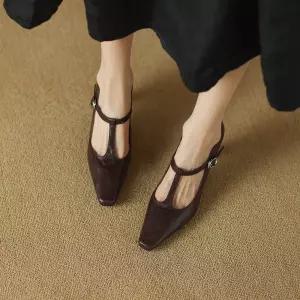 천진반 여성용 빈티지 가을 데일리룩 신발 힐펌프스 하이힐 프렌치 스퀘어 T스트랩 양가죽 플랫 펌프스 굽