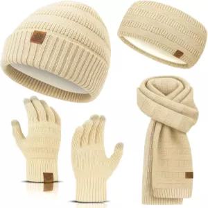겨울 비니 모자 스카프 장갑 헤드밴드 세트 - 니트 따뜻한 터치스크린 및 이어 워머 여성 남성용 선물