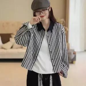 EAMT 여자 넥 칼라 긴팔 블레이저 셔츠 스트라이프 YJ1