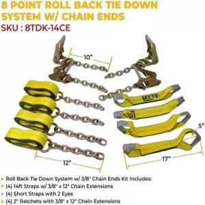 마이티 제품 롤백 타이 다운 시스템 체인 카홀러 캐리어 견인 트럭용 8 포인트 키트 종료 - 14피트