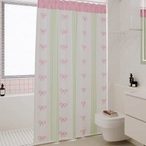 리본 샤워커튼 방수 무타공 치타 라인 파티션 장식 욕실커튼 귀여운 핑크 빈티지