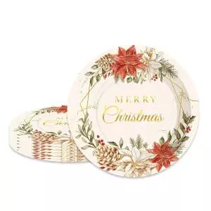 20피스 크리스마스 포인세티아 종이 접시 빈티지 레드 꽃 일회용 장식 식기 파티 새해 디너 테이블 장식용_