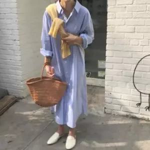 스트라이프 셔츠 롱 원피스 오버핏 임산부 빅사이즈 캐주얼 편안한 여성 의류