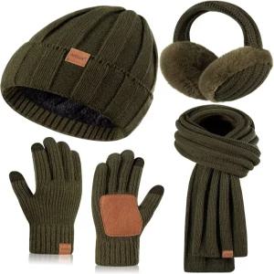 여성용 겨울 모자 장갑 스카프 이어머프 세트 플리스 안감 비니 롱 터치스크린 이어 워머 4 in 1 선물