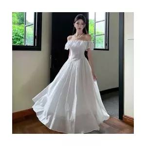 헐크 여성 여친 원피스 쉬폰 프렌치 일자어깨 스퀘어넥 프릴 기품이 허리를 잡아주어 롱 스커트 KKE1