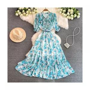 헐크 여성여친 바캉스 원피스 A라인 비치 플라워 브이넥 보헤미안 쉬폰 롱 프릴이 KKE1 잡아주어 허리를 스