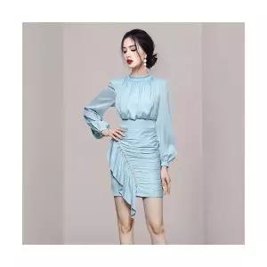 헐크 여성 여친 원피스 쉬폰 프릴 큐빅 봄가을 하이넥 조임 랩 힙 스커트 KKE1