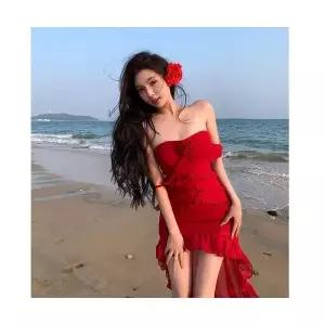 헐크 여성 여친 원피스 쉬폰 여름 바캉스 롱 드레스 프렌치 프릴 드레이프 언발란스 스커트 KKE5