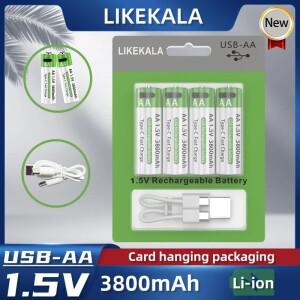 LIKEKALA 리튬 이온 AA 충전식 배터리 USB 3800mAh 1.5V 마우스 리모콘 장난감 자동차 4 행잉 카드 패키지