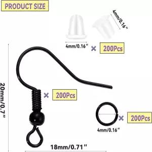 600개 저자극성 귀걸이 후크 검은색 제작 키트 뒷면 및 주얼리 제작용 점프 링(블랙) 포함