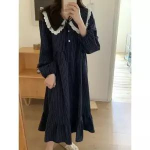 팽블몰 원피스 면 가을 잠옷세트 잠옷 커플 프릴넥 스트라이프 HO3