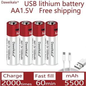 2021New AA USB 충전식 리튬 이온 배터리 1.5V 5500mah/리튬 시계 장난감 MP3 플레이어 온도계 키보드