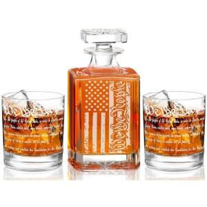 위스키 디캔터 각인 위 더 피플 아메리칸 플래그 세트와 주류 스카치 버번 또는 와인, 아버지의 날 선물 2잔 포함