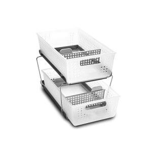 [미국배송] 메이즈스마트 2단 목욕 정리함 미끄럼 서랍이 있는 언더싱크 보관함 청소 용품 식료품 저장실 스펀지 병 및 주방 필수품 조절 가능한 칸막이 바구니 꺼내기 프로스트