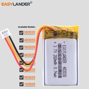 3.7V 250mAh 402035 리튬 폴리머 충전식 배터리 JST 1.25mm-3pin