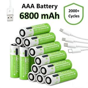 Rscrola AAA 충전식 배터리 6800mAh 리튬이온 트리플 A 타입-C 케이블 포함 일상 전자기기 및 비상 장비용