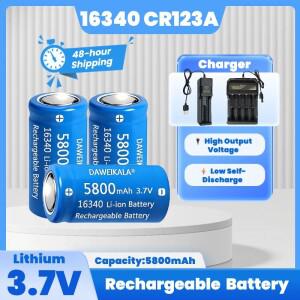 16340 CR123A 충전식 배터리 3.7V 5800mAh 리튬 이온 LED 손전등 여행 비상 키트용 벽면 충전기 포함