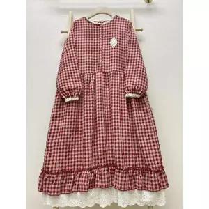 EAMT 원피스 여자 가을 빈티지 자수 롱스커트 긴팔 면마 쉬폰 프릴 체크 루즈핏 컨트리풍 EUNG3