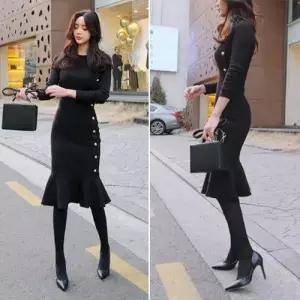 EAMT 니트 원피스 치마 여친 미디 이너 쉬폰 봄가을 슬림 프릴 패션 랩 EUNG3