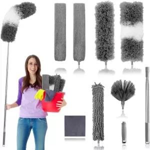 청소용 먼지떨이 9Pcs 깃털 최대 100피트까지 연장 폴 포함 선풍기 구부릴 수 있는 신축성 긴 높은 천장