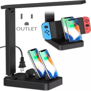 드레벳 LED 탁상 램프 터치 코트롤 소형 테이블 USB C 충전기 3개 AC 전원 콘센트 2개 3가지 조명 모드