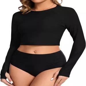 여성용 크롭 래쉬 가드 셔츠 엄지 구멍이 있는 긴 소매 UPF50+ 서핑 수영복 상의 하의 없음