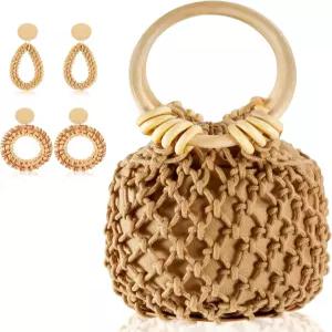 스위트우드 미니 클러치 토트 핸드백 여성용 라탄 귀걸이 2쌍 보헤미안 직조 버킷