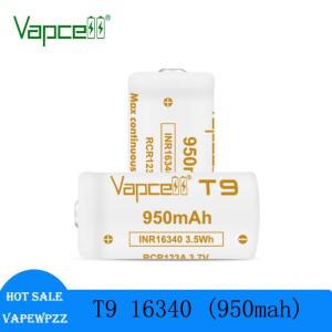 100%  Vapcell T9 INR16340 배터리 950mAh 용량 3A 3.7V 리튬 이온 충전식 손전등 카메라