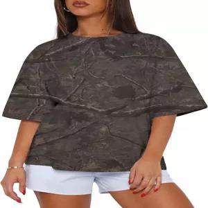 유튼 여성 카모 셔츠 메이플 프린트 여름 상의 반팔 오버사이즈 크루넥 티 루즈 핏 그래픽