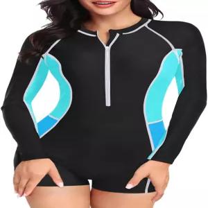 다치 여성 긴팔 래시 가드 원피스 보이레그 수영복 지퍼 서핑 UPF 50+
