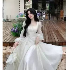 치마 원피스 롱 망사 춘추 여성용 프렌치 공주 긴팔 네크라인 빅 CH3