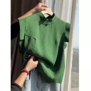 빈티지 여자 그린 블라우스 컬러 소프트 치파오 칼라 쇼트 민소매 셔츠 OP1