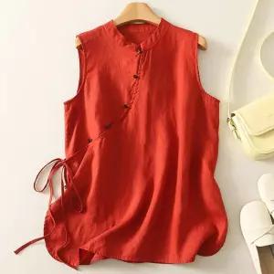 여성 롱 사이드 레이어드 면과 슬리브리스 사선 린넨 블라우스 스트랩 OP1