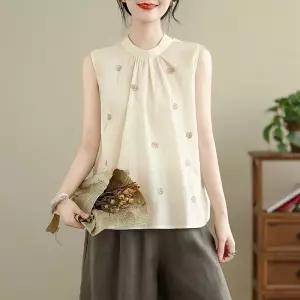 여성용 투피스 블라우스 자수 모시 썸머룩 민소매 나시 뒤 셔츠 상의 OP1
