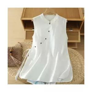 여성 블라우스 면과 린넨 레이어드 롱 슬리브리스 사선 사이드 스트랩 OP1