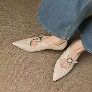 엘럽 여성용 플랫 스틸레토 펌프스 솔리드 일자 스트랩 양가죽 미들 힐 원템5