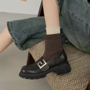 엘럽 여친 워커힐 털실 가죽 통굽 양말 스판 슬림 부츠 워커 로퍼 앵클 박템5