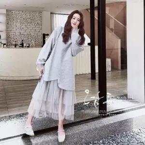 여성 원피스 치마 그레이 망사 가을 페이크 투피스 예쁜 맨투맨 언밸런스 KS3