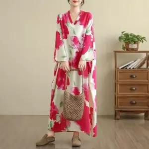 여친 원피스 빈티지 가을 꽃빛 면마 롱스커트 여행 초 브이넥 바캉스룩 KS3