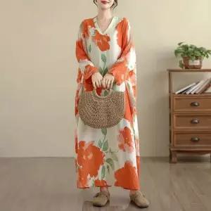 여사친 원피스 빈티지 가을 브이넥 롱스커트 바캉스룩 면마 여행 꽃빛 초 KS3