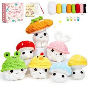 초보자용 MAGIMUSE 크로셰 키트, 스타터 키트 아미구루미 공예 뜨개질 단계별 비디오 튜토리얼, 버섯 패밀리(40% 이상 실)