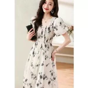 EAMT 원피스 흰색 여자 쉬폰 프렌치 스퀘어넥 플라워 의 부드러운 미디엄 웨이스트업 EUNG5