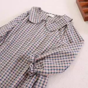 EAMT 원피스 여성용 면 가을 롱스커트 쉬폰 린넨 프릴 라운드카라 긴팔 체크 EUNG3