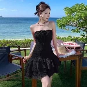 EAMT 해변바캉스 쇼트 튜브톱 노출 해변휴가 자수밑단 쉬폰 어깨 허리밴딩 A라인 프릴 스커트 원피스 여성