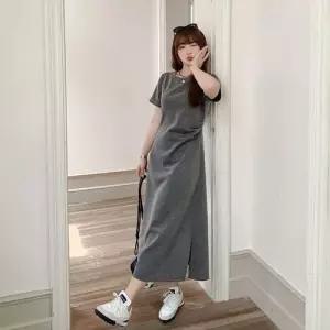 EAMT 여친 스커트 원피스 빅사이즈 A라인 루스 허리라인 트임 슬립온 주름 쉬폰 EUNG5