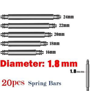 20pcs 1.8mm 직경 스프링 바 시계 밴드 핀 액세서리 스테인레스 스틸 링크 16mm 20mm 너비