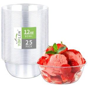 TOFLEN 12온스 투명 플라스틱 그릇 또는 파티 과일 아이스크림 용품 하드 25팩 파티용 일회용 가정 애피타이저 이벤트 수프 그릇 디저트 스낵 원형 모양 서빙 소형