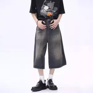 엘럽 남자 청반바지 스트리트 힙합 빈티지 청 반바지 5부 와이드 팬츠 커플 박템1